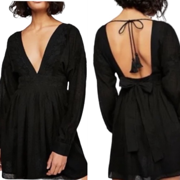 FREE PEOPLE Sugar Pie Black Eyelet Open Back V-Neck Dress Size Extra Small - Picture 5 of 7